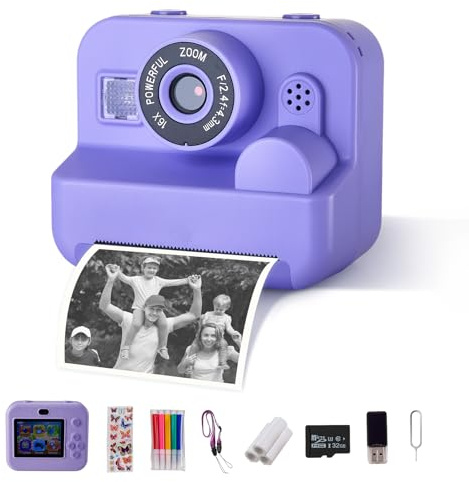 Warmiehomy Kids Camera, 2.4'' Instant Print Camera for Kids, 1080P HD Children Digital Cameras with 32GB Card, 3 Rolls Print Paper, Christmas Birthday Gifts Kids Toys for Girls Boys Age 3-12, Purple