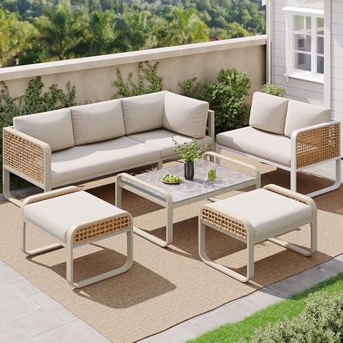 Merax Gartenmöbel Set 6-7 Personen, Sitzgruppe Gartenlounge Set mit Kissen und Sofatisch, Sitzecke Outdoor Ecksofa-Set aus verzinktem Eisen & Rattan, Möbel wetterfest für Garten Balkon Terrasse, Beige