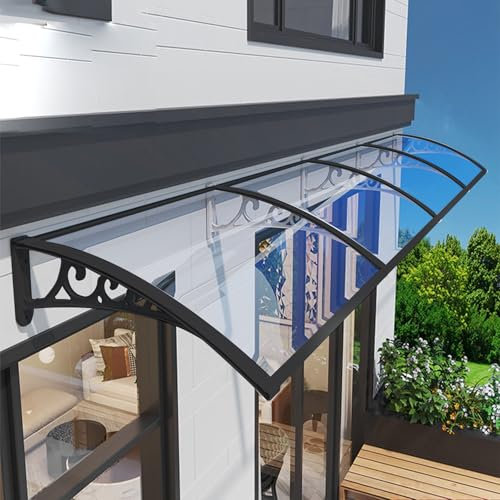 Fenstermarkise, Eingang, 100 x 380 cm, Türüberdachung, Frontabdeckung mit Kunststoff-Stahlhalterung, schwarze Halterung, transparente Platte, Außentür, Terrassenüberdachung, Terrassenwand, Fenster,