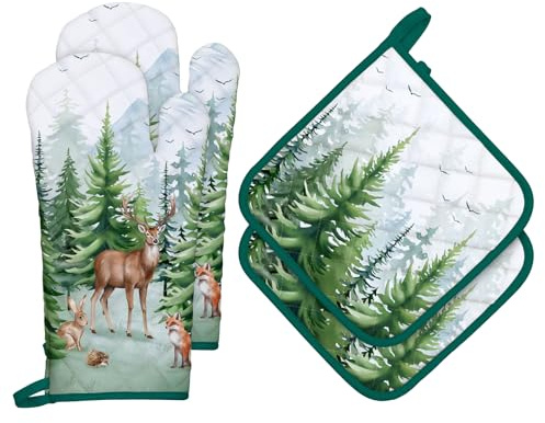Arquiel Ofenhandschuh und Topflappen 4er Set, 100% Baumwolle Kochhandschuhe, Hitzebeständiger Küchenhandschuh Zum Kochen Backen Grillen Geschenk,Waldtiere