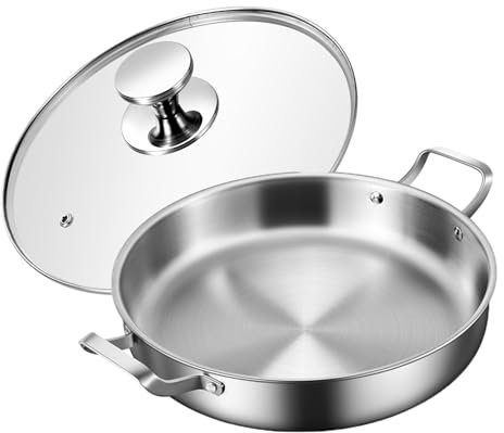 UGCER Paella-panna i rostfritt stål 316 med lock, stekpanna, omelettpanna, non-stick-belagd, obelagd, med dubbla handtag, Paella-köksredskap, 30 cm