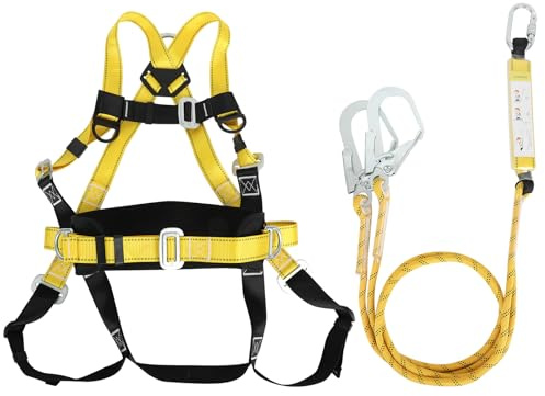 Btstil Fallschutz Auffanggurt, Absturzsicherung Sicherheitsgurt Set 5 Punkt Vollkörper Auffanggurt mit Sicherheitsseil Puffer für Outdoor Baumklettern Bergsteigen Rettungsdienst (Gelb)