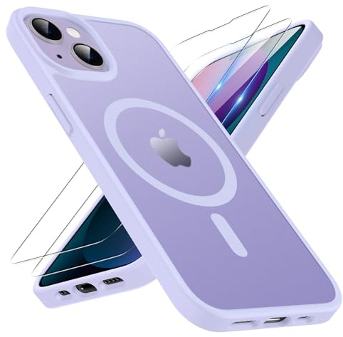 TQIAHF Magnetic Phone Case Cover for iPhone 13 / iPhone 14, Purple | with 2 Tempered Glass Screen Protector Compatible with MagSafe Military Grade Shockproof Protective Slim Translucent Matte