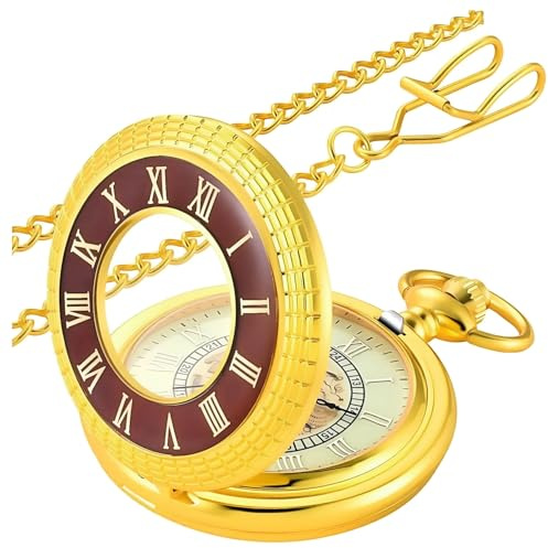 MJSCPHBJK Vintage Pocket Watch with Chain Roman Numerals Scale Quartz Pocket Watches for Men Xmas Fathers Day Gift