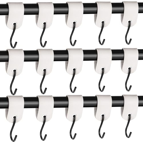 Cofvetia 15 Stück Haken mit Lederschlaufe, S Haken Kleiderhaken Metallhaken, 12,5 * 3cm Haken zum Einhängen, Mehrzweckhaken mit Lederschlaufe Campinghaken für Garderobe (Weiß)
