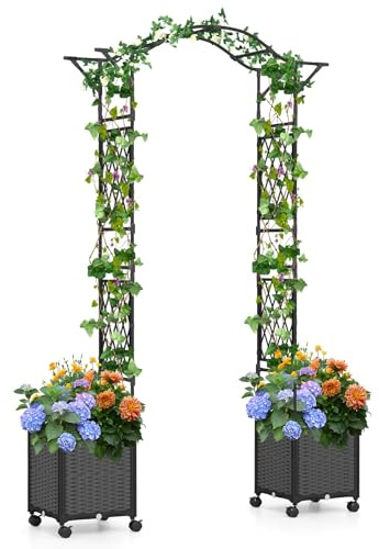 GOPLUS Arche de Jardin avec 2 Jardinières, Pergola en Métal avec Roues, Revêtue en PE Antirouille, Support pour Plantes Grimpantes, pour Porte,208x40x250CM,Gris