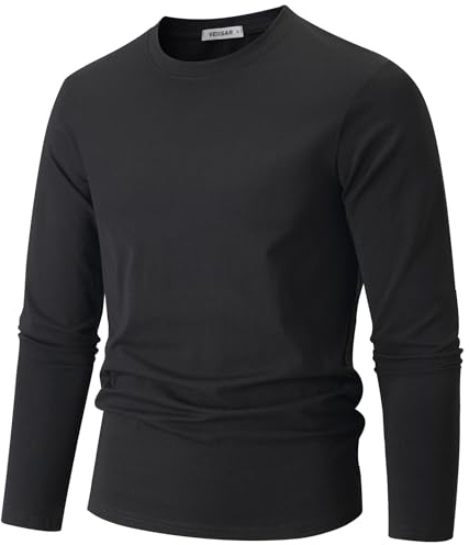 VEIISAR Herren Langarm T-Shirt aus 190g Baumwolle - Mitteldickes Basic & Unterzieh-Shirt - Weich, Dehnbar (Schwarz L)