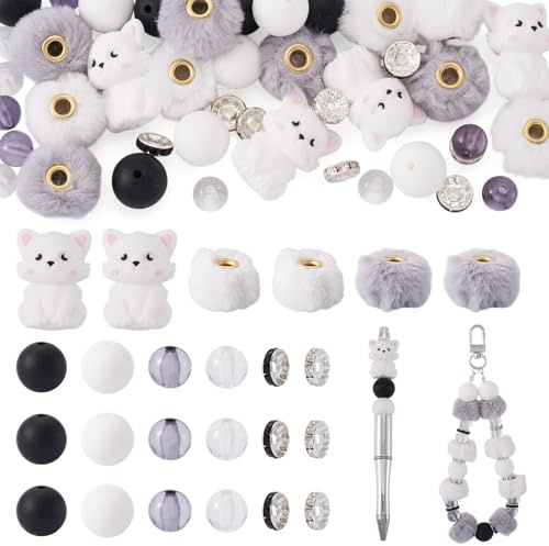 Craftora Lot de 44 perles rondes en silicone en forme de chat - Jolies perles focales en fausse fourrure - Perles européennes pour la fabrication de bijoux - Stylos perlés et loisirs créatifs