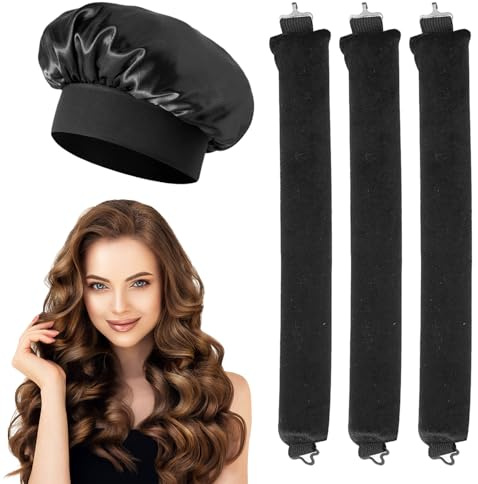 FESDMOH 3 Pcs Boucle Sans Chaleur, Boudin Cheveux, Bigoudis Cheveux avec Crochets, avec Bonnet Satin, pour Divers Types de Cheveux, Cheveux Longs et Courts (Noir, Grand)
