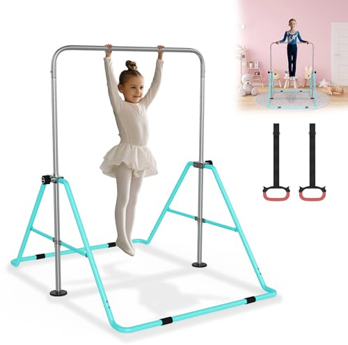 YRHome Höhenverstellbar Gymnastikstange Kinder Faltbarer Reckstange Indoor Gymnastics Bars Turngeräte Für Kinder Indoor Gym Garten Max. Belastbar 140 LBS Mit Zugring Mintgrün