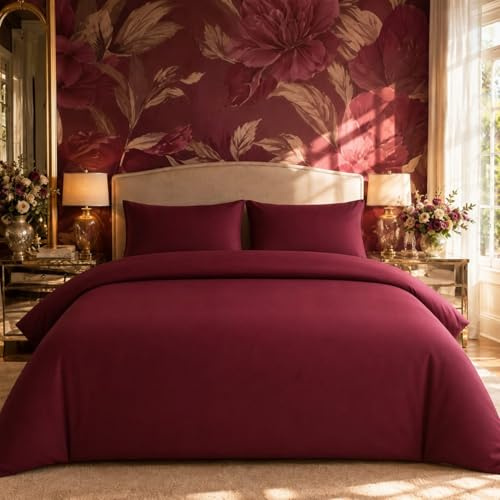 Juego de Cama 4 Piezas BOSALONI Home con Funda Nórdica 220x230 cm, Sábana Bajera Ajustable 160x200+35 cm y 2 Fundas de Almohada 50x80 cm, Microfibra Suave y Transpirable, Burgundy