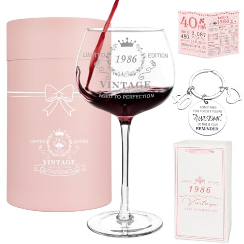 40th Birthday Gifts for Women, Vintage 1986 Platinum Print Wine Glass | Happy 40 Year Old Gift Ideas: 16Oz Wine Glass, Greeting Card, Keychain, 40th Birthday Decorations for Her, Wife, Friends