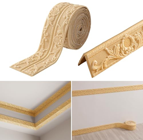 Inscrip Wallpaper Borders Self Adhesive, 10cmx5Mx8mm Skirting Board Trim, Peel and Stick Wall Border Trim, Skirting Board Covers, 3D Anti-Collision Line Border Roll Wall Trim (Gold)