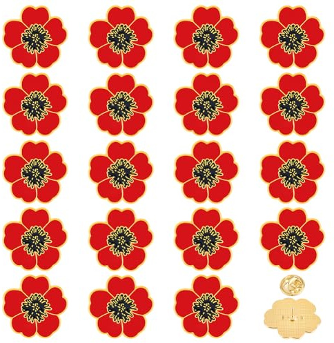 FINGERINSPIRE 20 Stück Blumen Emaille Anstecknadel 25.5x26.5mm Rot Gedenktag Blumen Anstecknadel Legierung Emaille Blumenbrosche Veteranentag Abzeichen Für Kleidung Hut Tasche Rucksack Dekoration