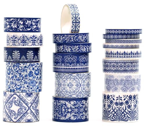 Songdao 19 rouleaux Porcelaine bleu et blanc Washi Tape Set, Motif céramique chinois Ruban Adhésif Décoratif Masking Tapes pour Arts, Bullet Journal, Scrapbooking, Bricolage (2-Echoes of Blue)