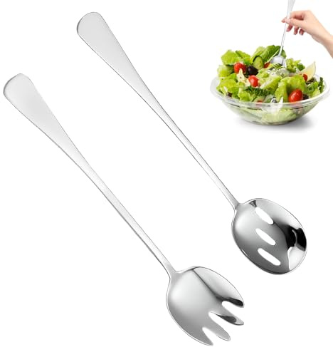 Seefey 2 Stück 28 cm Salatbesteck Edelstahl, Groß Servierlöffel Salatgabel Löffel Edelstahl Salatlöffel, Hochglanzpoliertes Salat Besteck für Familie, Hotels, Restaurants