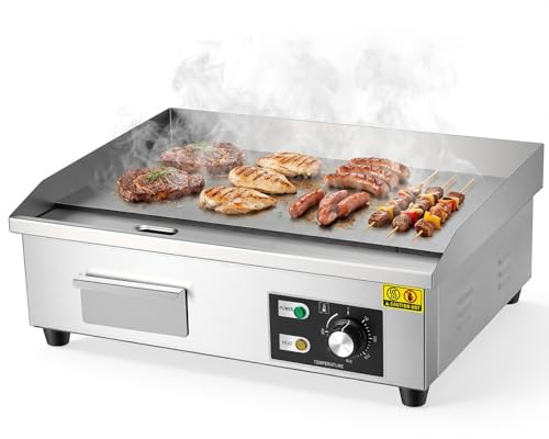 Commercial Electric Griddle 21, 3000W Stainless Steel Electric Teppanyaki Grill, 10mm Thickened Plate, 50℃-300℃ Adjustable Temp, Non-Stick Surface with Removable Oil Tray for Restaurant, Catering