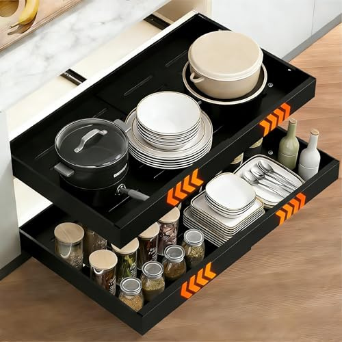 HAUSPROFI Cajón telescópico de 2 unidades, cajón extraíble de cocina con pegamento, organizador de armario extensible, para organización de cocina, despensa, ancho ajustable, ancho 32-52 cm, negro