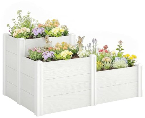 Outsunny Hochbeet 3-Stufig Stapelbar Offenem Boden 120 x 80 x 64 cm Weiß | Gartenbeet, Modulares Kräuterbeet, DIY Montage, Kunststoff Pflanzkasten, Pflanzkübel, für Garten Balkon
