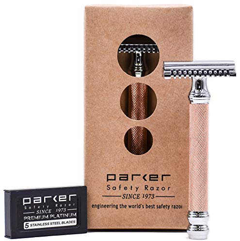 Parker Safety Razor 63C - Roségold drei Stück Ultra glatt Rasur öffnen Comb Doppelkante Sicherheitsrasierer & 5 Parker Klingen