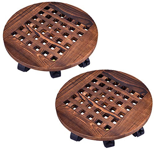 GuTen 2 Pack 14/35cm Rolling Wooden Planter Caddy Potted Plant Stand With Wheels Round Flower Pot Rack Indoor Outdoor Planter Trolley with 360° Rotating Casters Rolling Tray Coaster Garden Pot Dolly