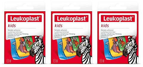 Leukoplast Pansements pour enfants - Stériles, doux et absorbants - Imperméables et peu adhésifs pour la peau - Motifs d'animaux amusants Zèbre Singe Hippo Requin - 12 PCs