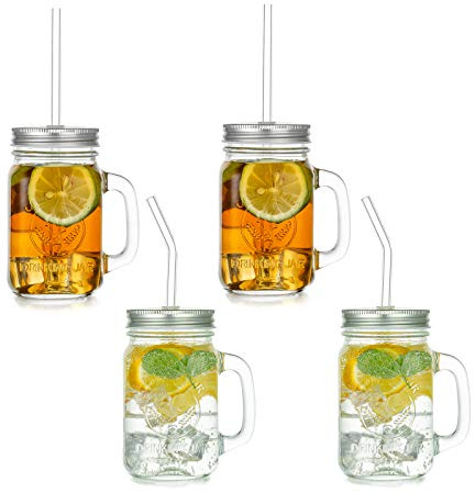 Glasseam 500ml Glas Trinkgläser: Vintage Einmachgläser 4er Mason Jar | Mit Deckel und Strohhalm, Wide Mouth Henkelglas, Wiederverwendbar Aufbewahrung, Für Bubbletea, Coffee, Joghurt, Smoothie