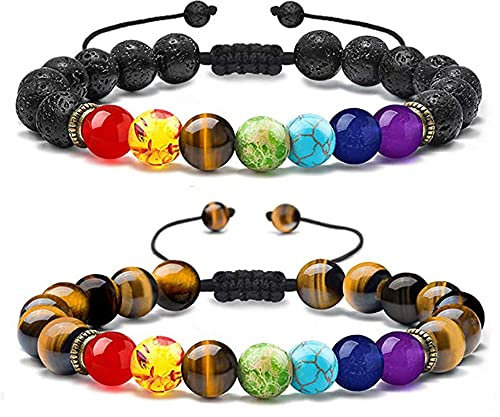 Senidea 2 Pezzi 7 Braccialetto Chakra per Donna Uomo, Bracciale Lava Beads 8mm, Bracciali Yoga Pietre Naturali Energetiche, Guarigione Meditazione Braccialetto di Corda