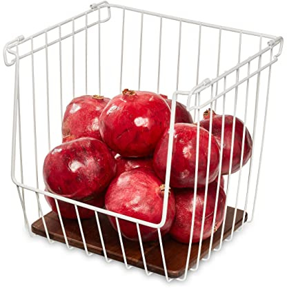 iDesign La colección Ría Safford Frutero de Alambre, Caja Frente Abierto de Metal Lacado Acacia, Cesta organizadora con Asas para despensa y hogar, Color Blanco y Madera, 18/8 Stainless Steel