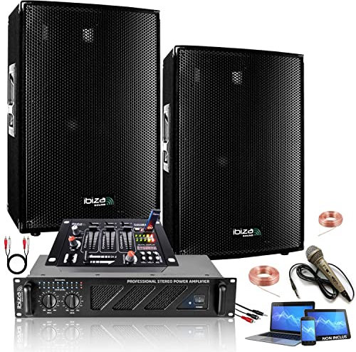 IBIZA SOUND LIGHT - Pack Sono 2160W Total Ibiza Sound 2 Enceintes 2x600w - Ampli Ventilé 2x480w - Table de mixage - Câblage - Idéal Bar Salle des fêtes