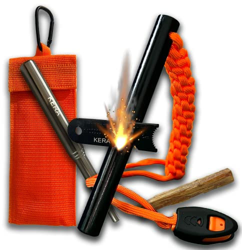 KERA® Outdoor Fire Steel XXL Includes Bag + Tinder + Paracord + Blow Tube | Flint Survival | Fire Starter | Magnesium Fire Starter | Flint | Eternal Match Outdoor Lighter
