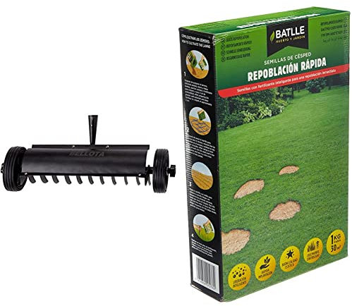 Bellota 3080 - Cabeza de escarificador Manual para cesped con Ruedas y una Anchura de 500mm + Césped Repoblación Rápida - 1kg