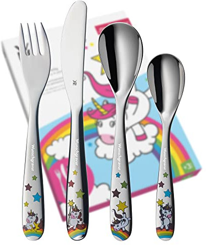 WMF Kinderbesteck mit Gravur 4-teilig Einhorn - perfekte Geschenke zur Taufe - Kinderbsteck ab 4 Jahre von WMF mit Deiner individuellen Wunschgravur - Taufgeschenke Jungen