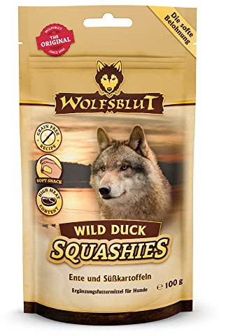 WOLFSBLUT – Wild Duck Squashies | Softe Snacks mit natürlichen Zutaten und wertvollen Superfoods für ausgewachsene Hunde. Getreidefreier Hundesnack ohne Zusatzstoffe im Beutel | 8x100g Ente
