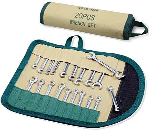 GOLD DEER 20 Pcs Mini Double Open End Wrench Set Standard Metric and SAE 5/32-7/16&4-11mm Extra Slim Open End Angle Wrench with Storage Roll Pouch, Double Open End Spanner Set Ignition Wrench Set