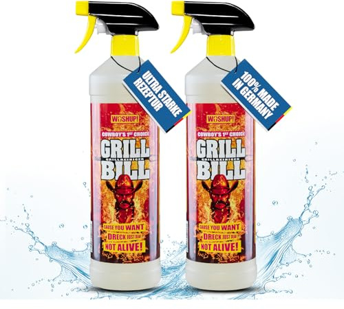 WOSHUP! Grill Bill Grillreiniger in Industriequalität 1000 ml für Gasgrill und Holzkohlegrill, Smoker und Backofen - Entfernt Eingebranntes Ruß Schmutz und Fett (2x1 Liter)