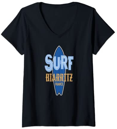 Damen Surf Biarritz, Surfen Biarritz in Frankreich, Surfbrett T-Shirt mit V-Ausschnitt