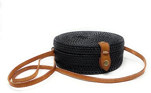 Trintura Rattan Tasche rund mit langem Leder Riemen geflochten Damen Korbtasche Umhängetasche Strohtasche Crossbody bag 20cm