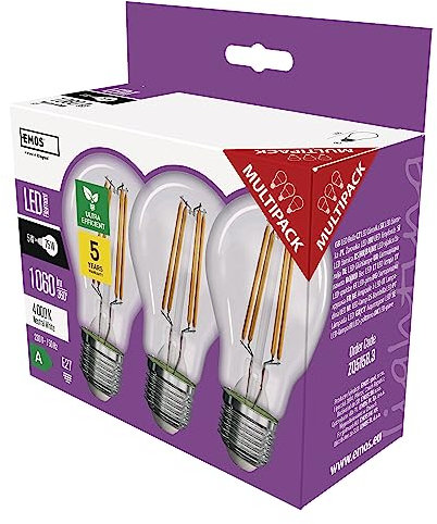 EMOS - Bombilla LED Filamento A60 - Clase A Bombilla Vintage - Casquillo E27 - Blanco neutro - 1060lm - Extraeconómica, 5 W (en lugar de 75 W) - 50.000 horas - Ángulo de 300° CRI mín. 80-3 unidades
