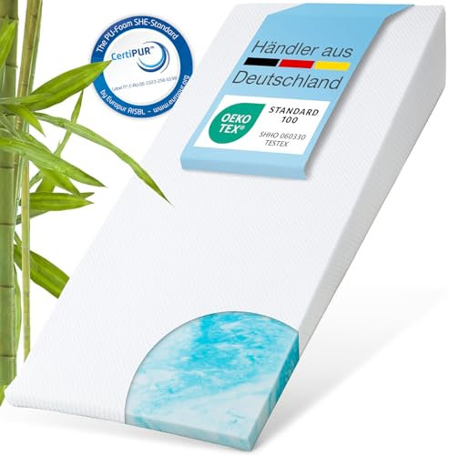 ELONEO Bettkeil Topper 140 x 200 cm aus Gelschaum, Matratzen-Keilkissen zur Bettneigung, Keilmatratze, Keilförmige-Matratzenauflage, Erhöhungskeil, Bezug waschbar