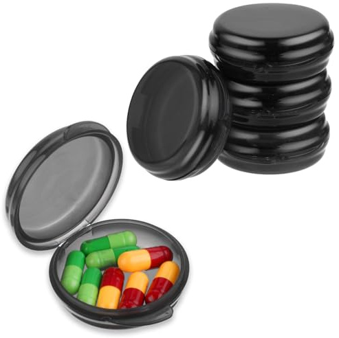 Sibba 5 Packungen kleine Pillendose Reise-Pillenbehälter tragbarer täglicher Runder Pillenbehälter für die Tasche Handtasche Aktentasche Reise-Organizer Pillen Medikamente Lebertran (Schwarz)