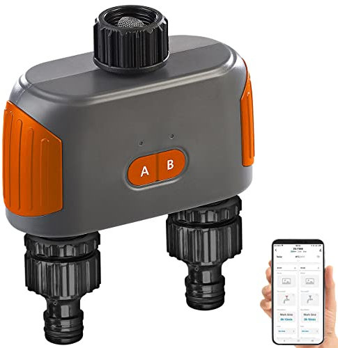 Royal Gardineer Dual-Bewässerung-Ventil: 2-Zonen Bewässerungssystem BT 5, Timer, App, lVersandrückläufer (Doppel-Ventil Bewässerung, Wasser-Computer, Gartenschlauch)