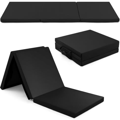 GYMAX Tapis de Gymnastique Épais Pliable Portable 180x60x5 cm | Combinaisonable avec Attache Auto-Agrippante, Housse en Simili Cuir, Poignées de Transport, pour Yoga, Fitness, Étirement