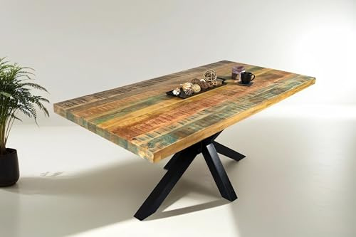 SAM Esstisch Libro 160x85 cm Mangoholz bunt gerade Kante Spider schwarz | Esszimmertisch massiv, lackiert, Metallgestell, Shabby Chic