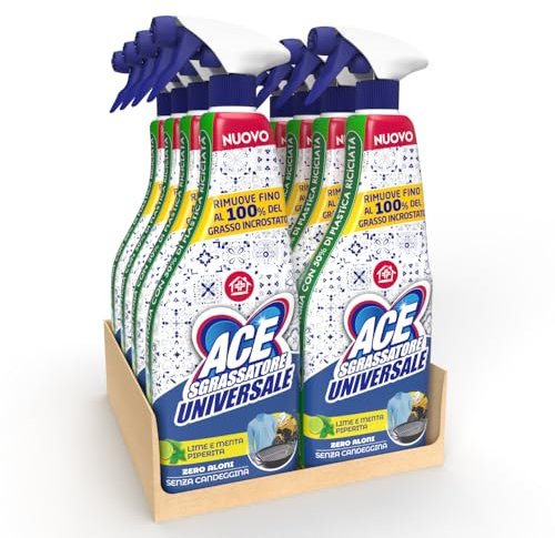 ACE Spray Sgrassatore Universale, Senza Candeggina, Zero Aloni, Profumo di Lime e Menta Peperita, 8 flaconi da 600 ml