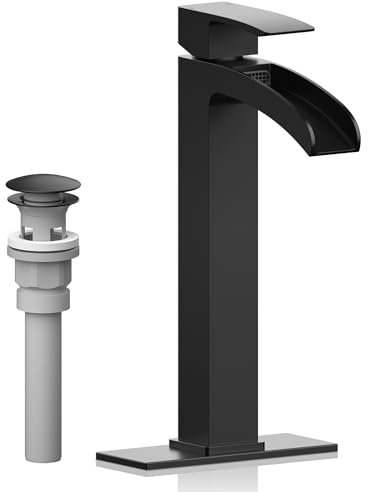 Lavatrum Waschbeckenarmatur für Badezimmer, Wasserfall, mattschwarz, hoher Waschtisch-Wasserhahn, Einzelgriff mit Pop-Up-Ablauf, 1 oder 3 Löcher, für kommerziellen Stil