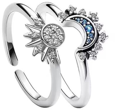 QEDBOJE 2 pièces Bague Soleil et Lune, Motif Lune Soleil Scintillant, Argent Bague en Forme de Lune et de Soleil, Bague d'amitié, pour Femme, Couples