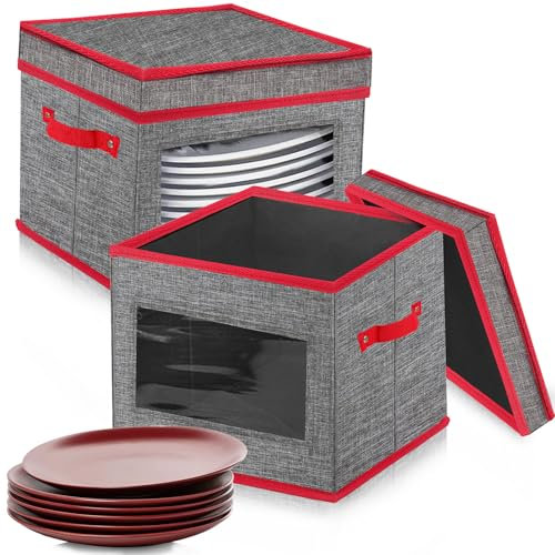 Porta piatti di Natale pieghevole, in feltro, 30,5 x 30,5 x 20 cm, con coperchio, maniglie con 24 separatori in feltro, per camper, feste (grigio)