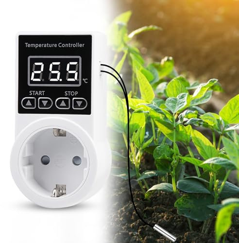 Vaileal Presa termostatica, regolatore di temperatura, regolatore di temperatura digitale con sonda, interruttore di temperatura impermeabile, termostato intelligente per serra, contenitore in vetro,