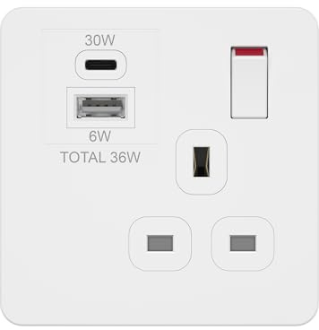 LIDER 1-Gang Switched 13A Socket with 36W USB-A & C Charger, Power Delivery Fast Charging, Combined 36W Output, Child-Proof Shutter, UKCA Certified, Glossy Finish, White